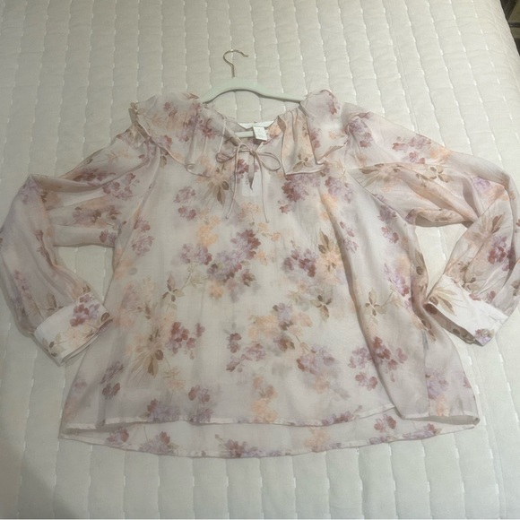 H&M Flounce Collar Blouse Sheer Pink Floral Large L - Picture 3 of 7